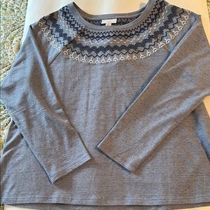 J. Jill Gray Crew Neck Sweater with Patterned Yoke